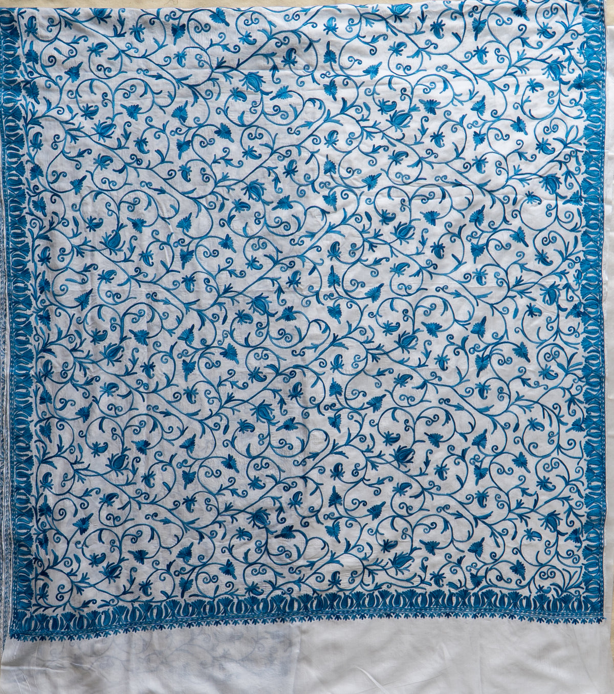 Ivory saree panel laid flat, with blue Aari floral vines enclosed by embroidered borders above a plain end margin