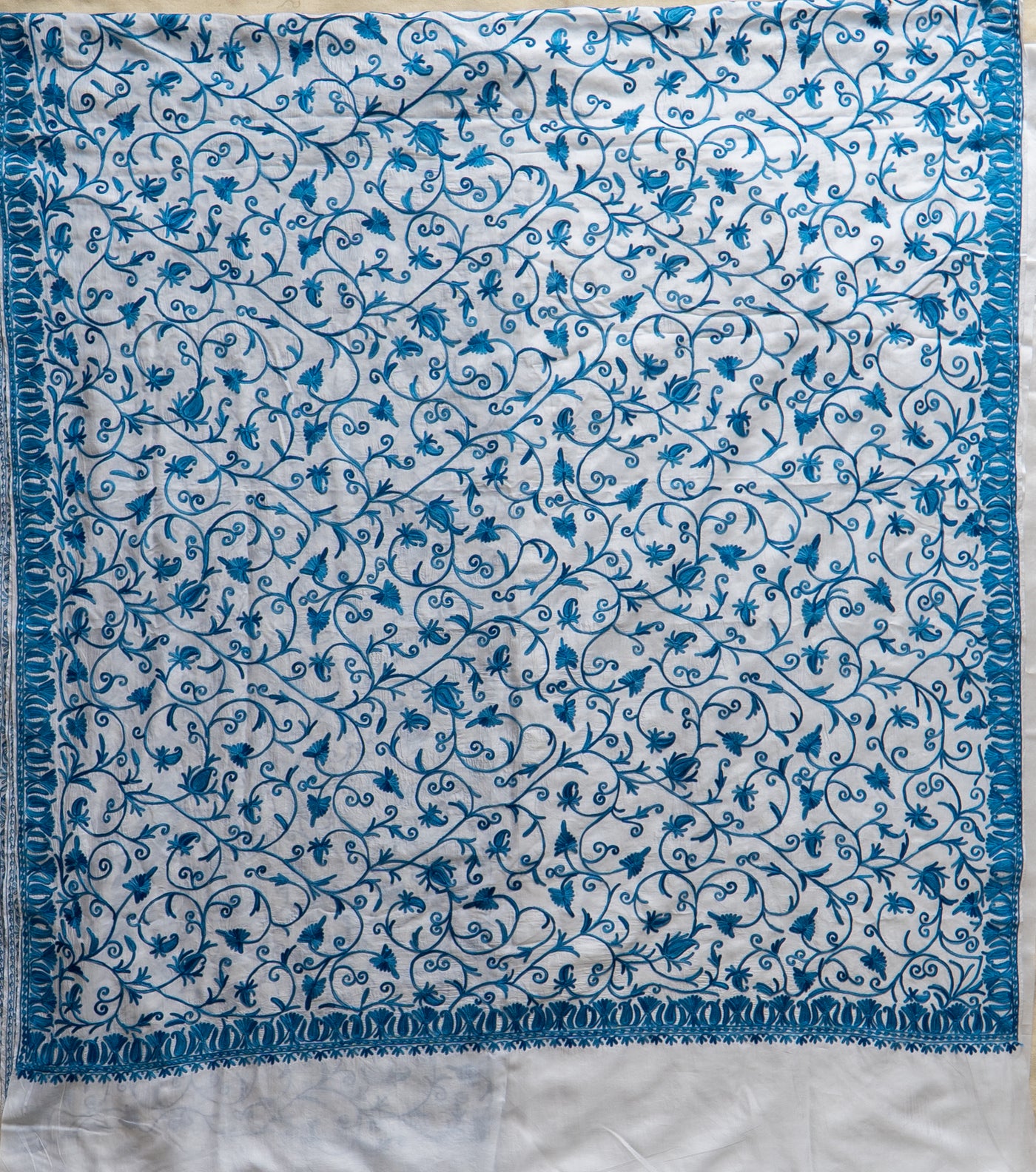 Neela Bahaar: Aari Embroidered Saree in Ivory and Sapphire