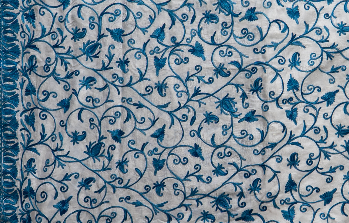 Neela Bahaar: Aari Embroidered Saree in Ivory and Sapphire