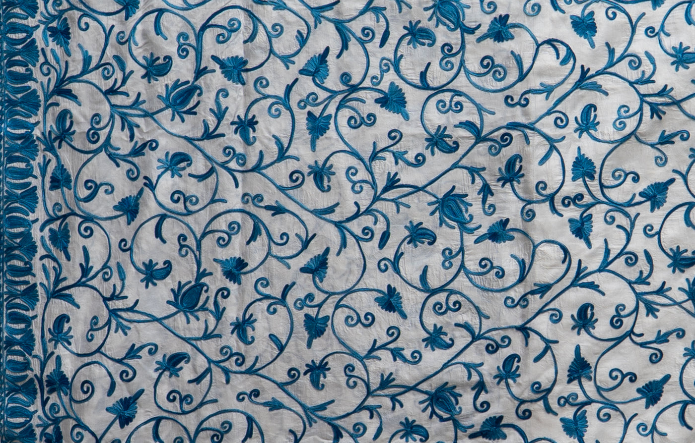 Neela Bahaar: Aari Embroidered Saree in Ivory and Sapphire