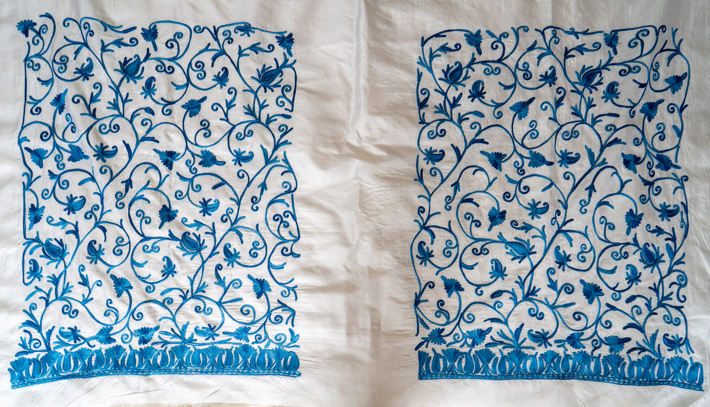 Neela Bahaar: Aari Embroidered Saree in Ivory and Sapphire