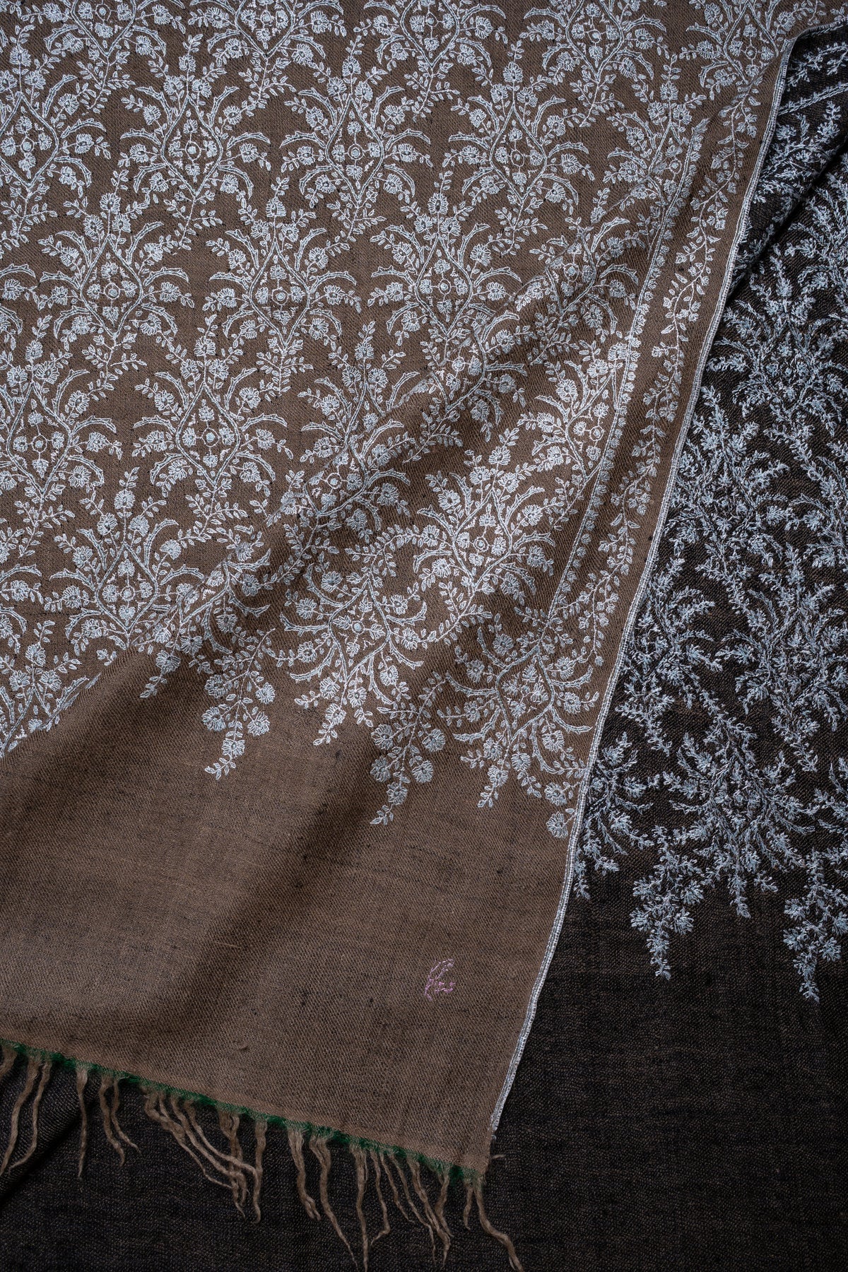 Taupe Silver Garden: Pure Pashmina Hand Embroidered Jamawar Shawl