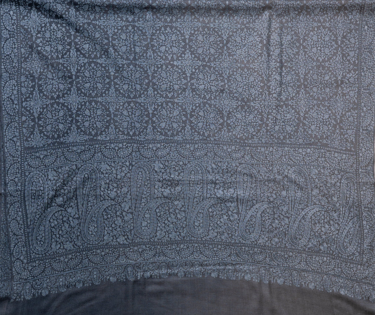 Misty Azure Hand Embroidered Pure Pashmina Jamawar Shawl