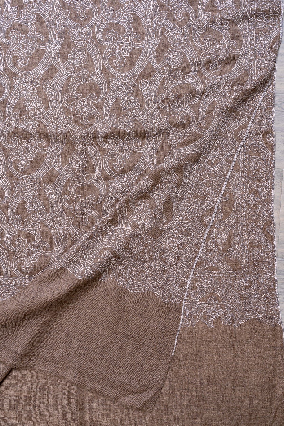 Ivory Vine Symphony: Pure Pashmina Hand Embroidered Shawl
