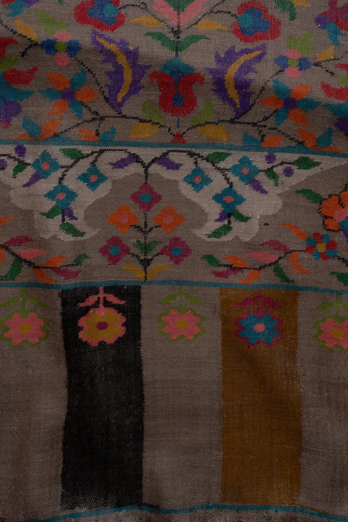 Pashmina shawl end detail with colourful flowers above a broad floral border and striped panels bearing small blooms
