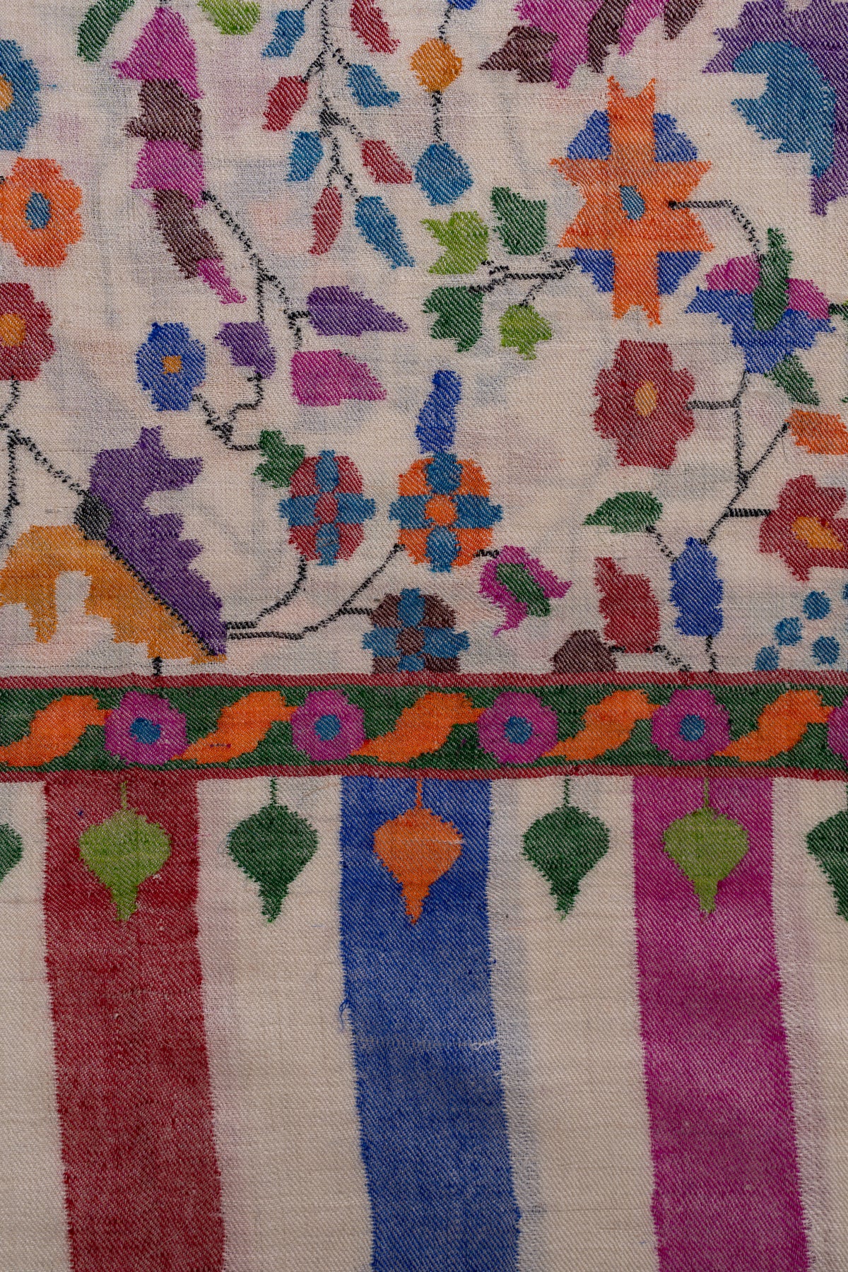 Close-up of the ivory Pashmina shawl's colourful floral motifs and green border above blue, pink and ivory end stripes.