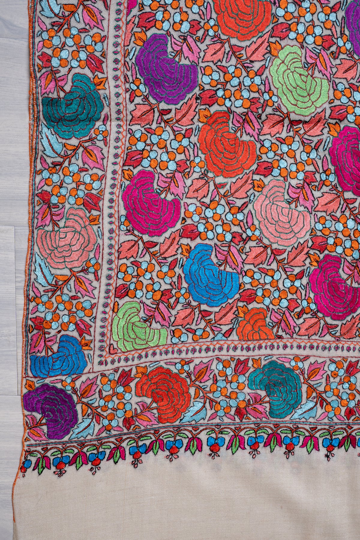 Blossom Carnival Hand Embroidered Papier Mache Pure Pashmina Shawl
