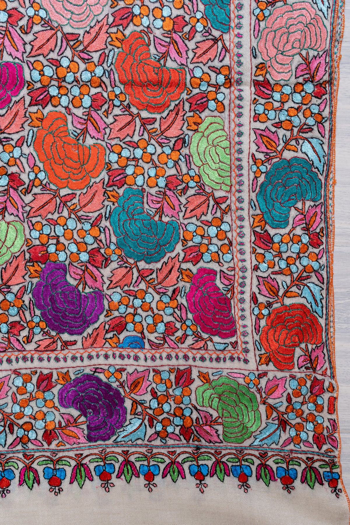 Blossom Carnival Hand Embroidered Papier Mache Pure Pashmina Shawl
