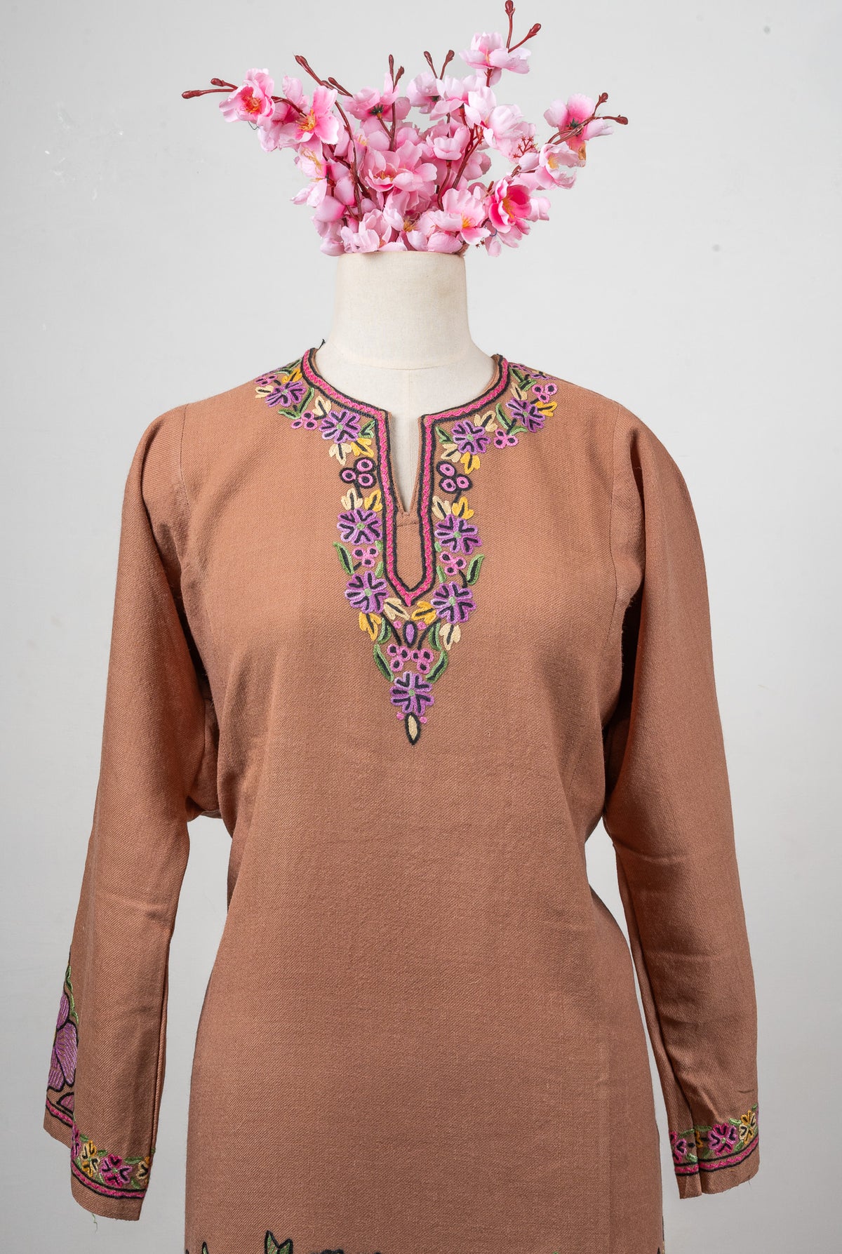 Blush Bloom Sozni Hand Embroidered Fine Merino Wool Pheran