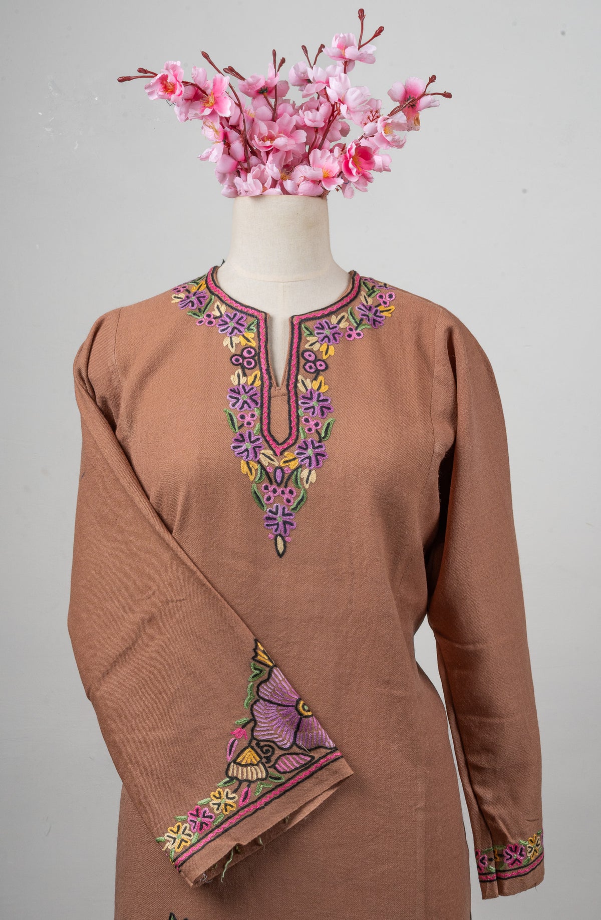 Blush Bloom Sozni Hand Embroidered Fine Merino Wool Pheran