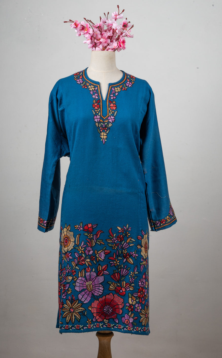 Teal Bloom Sozni Hand Embroidered Fine Merino Wool Pheran