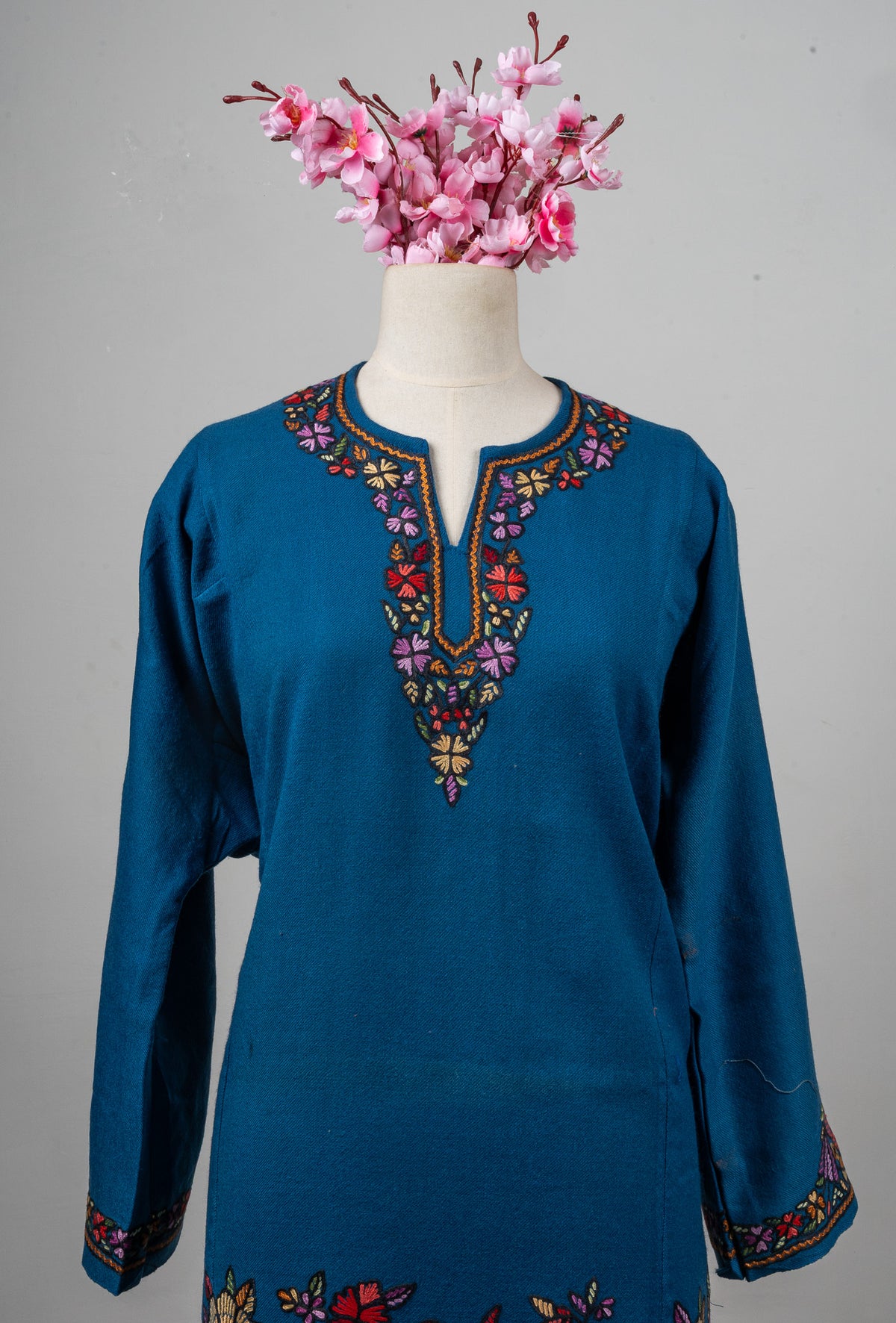 Teal Bloom Sozni Hand Embroidered Fine Merino Wool Pheran
