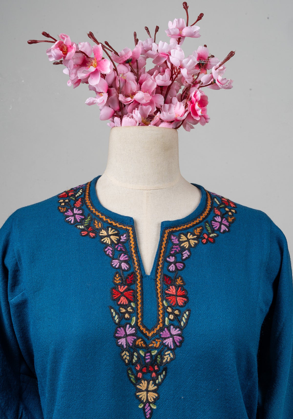 Teal Bloom Sozni Hand Embroidered Fine Merino Wool Pheran