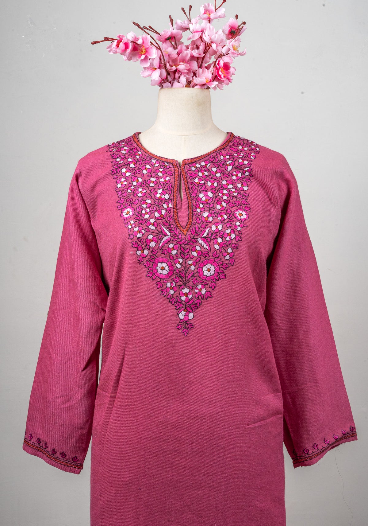Rose Glimmer Sozni Hand Embroidered Fine Merino Wool Pheran