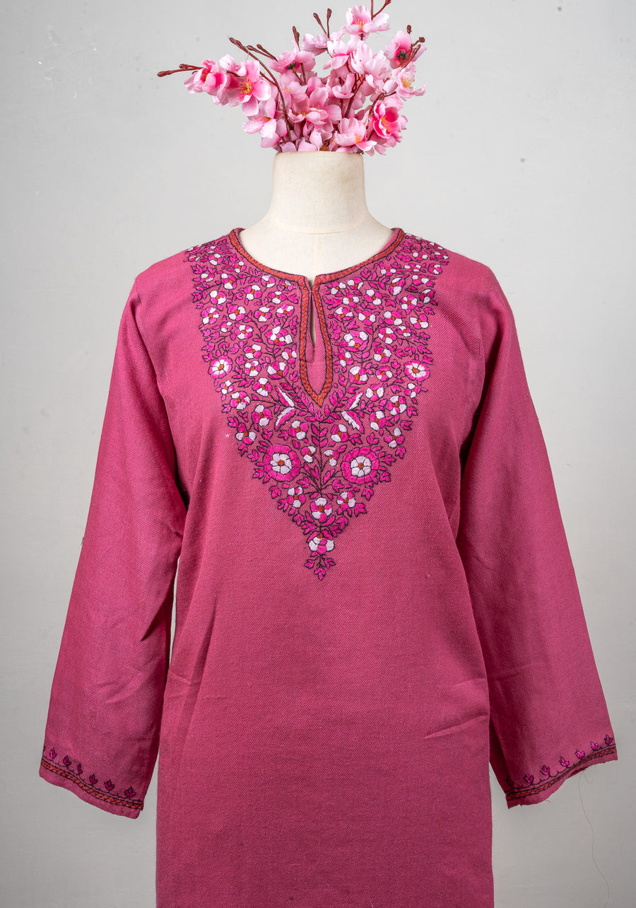 Rose Glimmer Sozni Hand Embroidered Fine Merino Wool Pheran