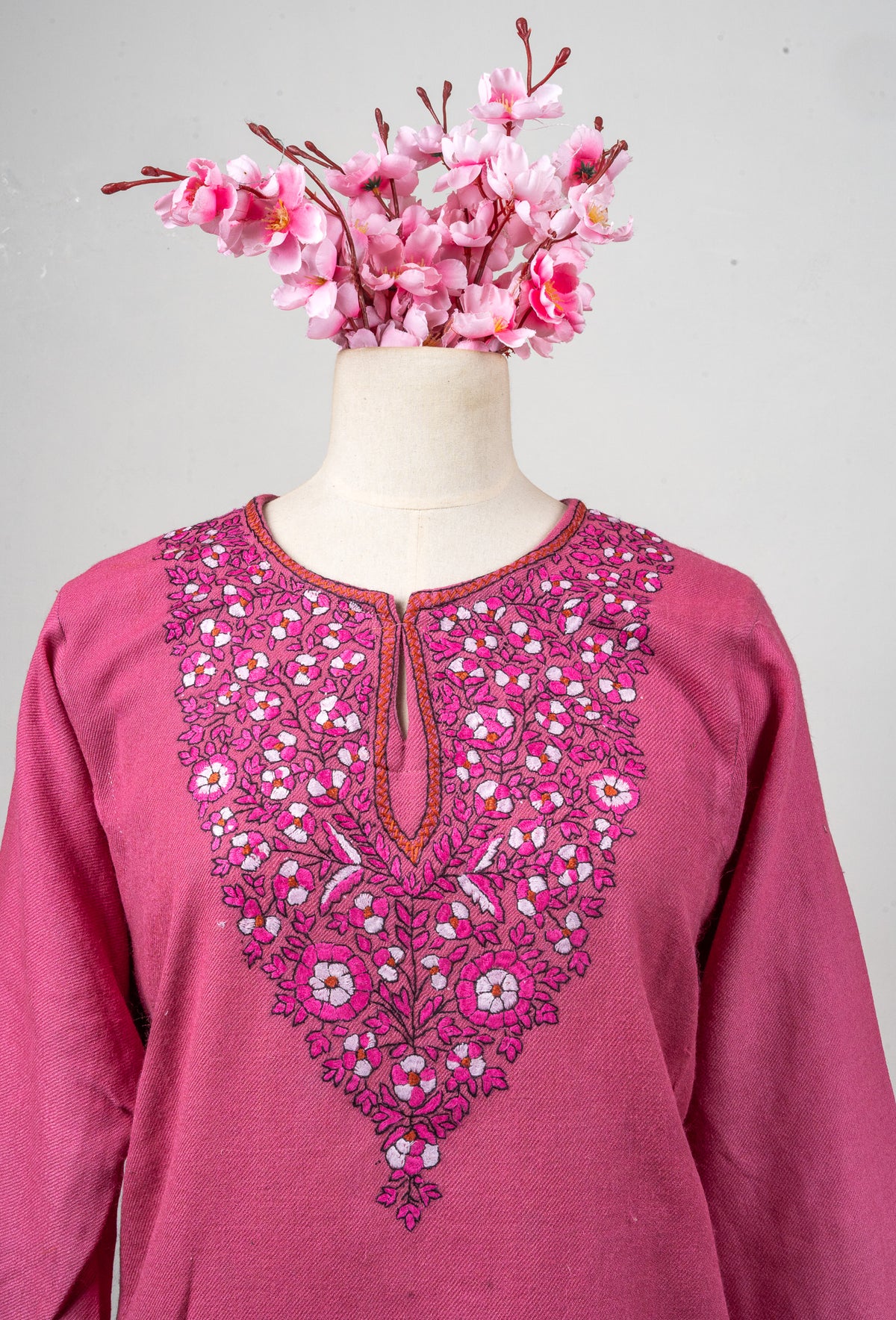 Rose Glimmer Sozni Hand Embroidered Fine Merino Wool Pheran