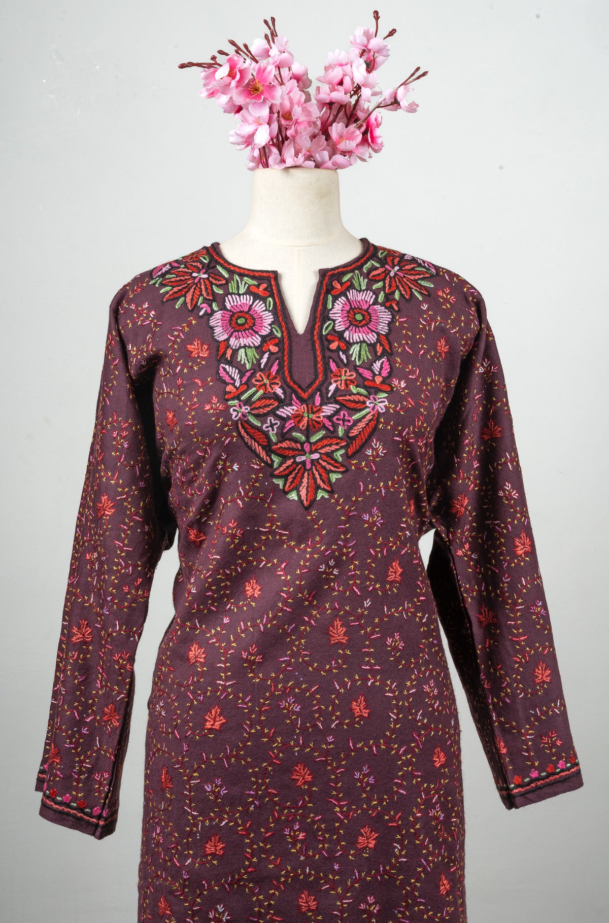 Noor Garden Sozni Hand Embroidered Fine Merino Wool Pheran