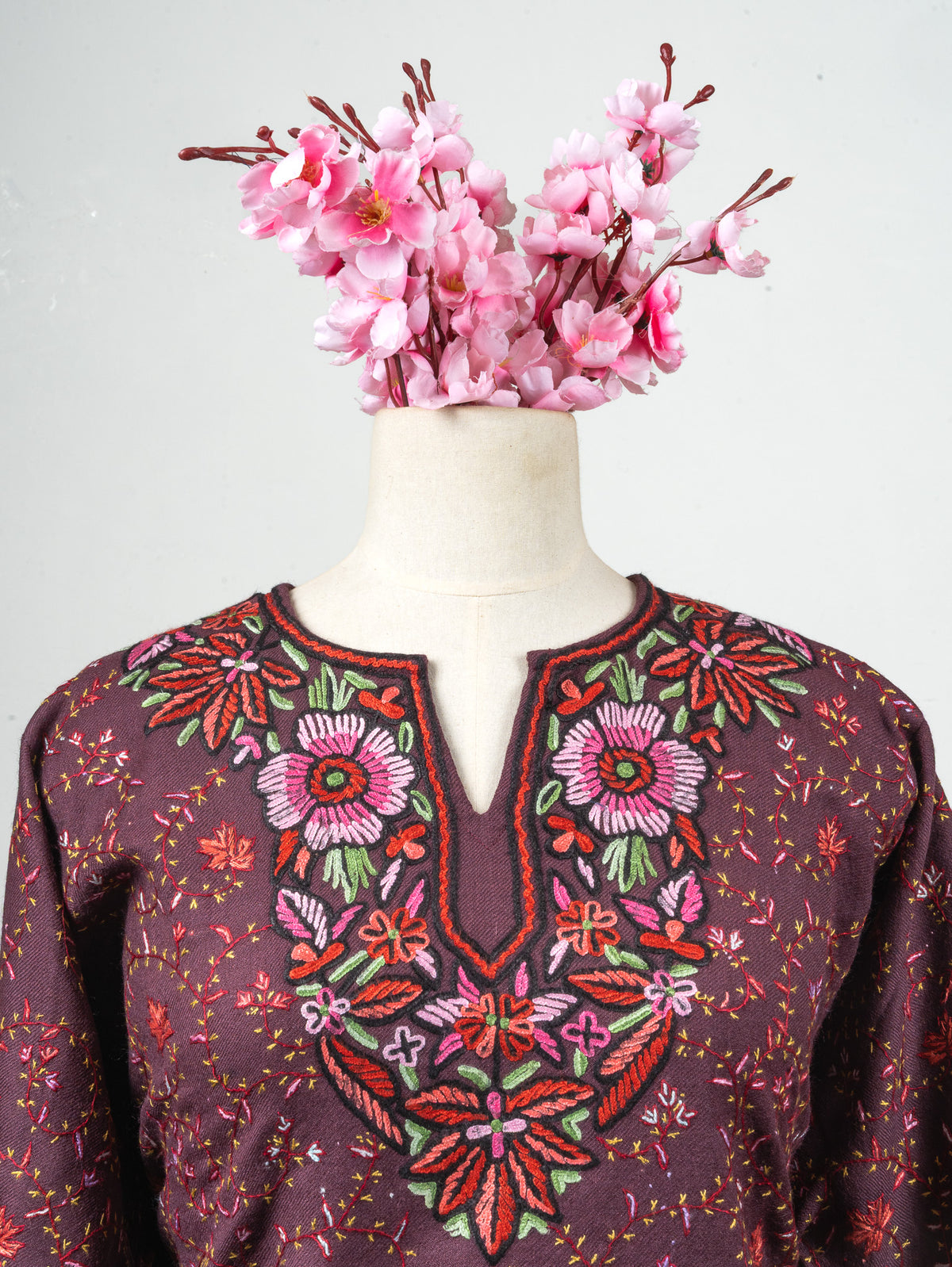 Noor Garden Sozni Hand Embroidered Fine Merino Wool Pheran