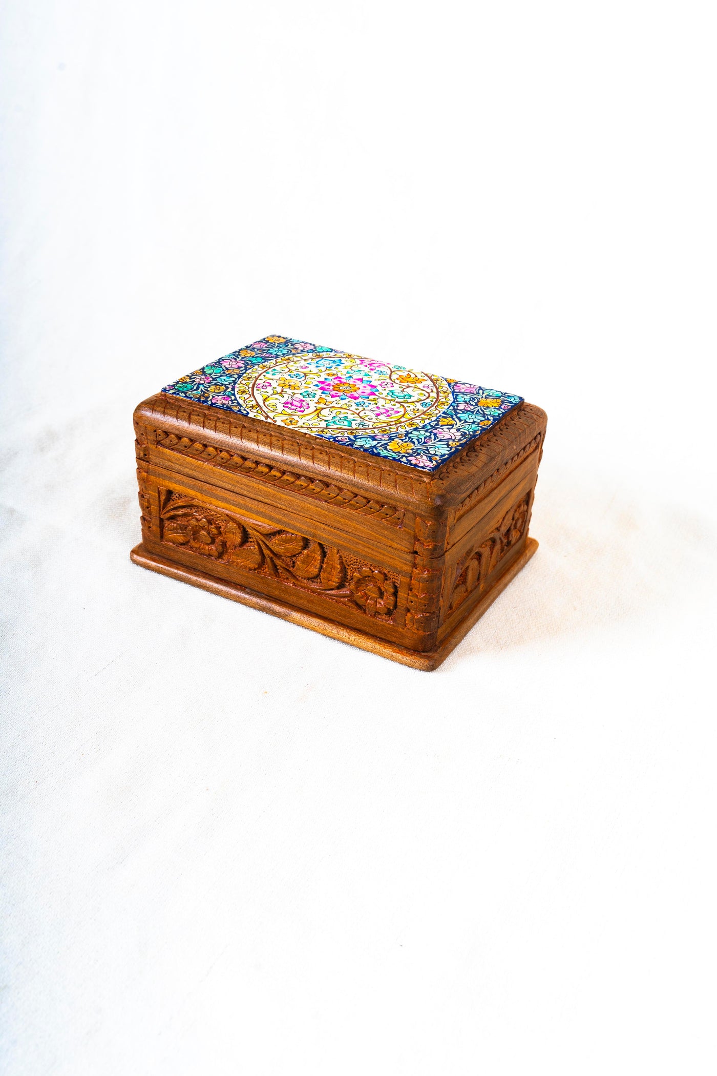 Handcrafted Walnut Wood Decorative Box with Papier-Mâché Top