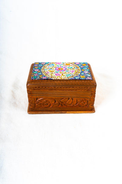 Handcrafted Walnut Wood Decorative Box with Papier-Mâché Top