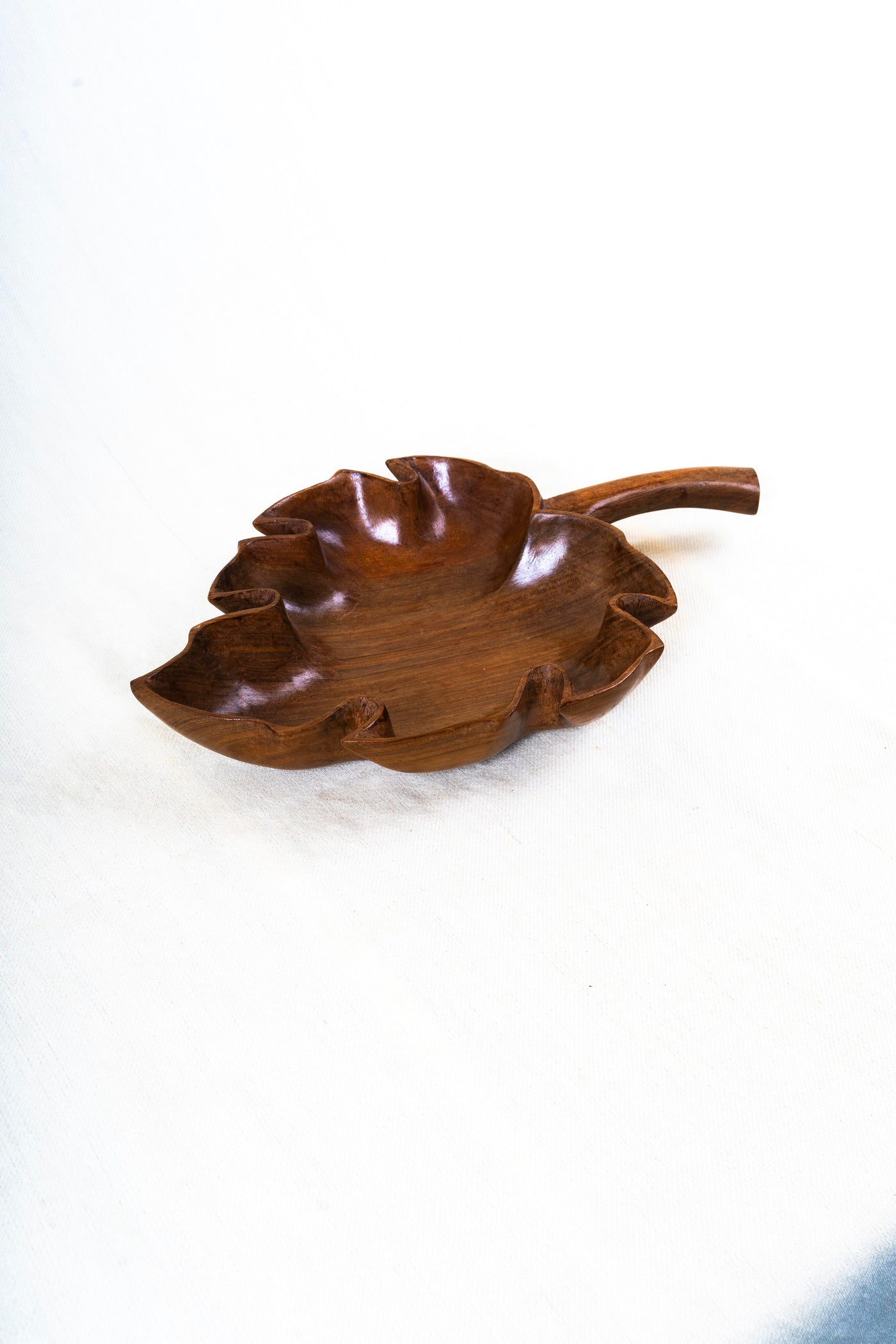 Hand-Carved Walnut Wood Leaf-Shaped Bowl