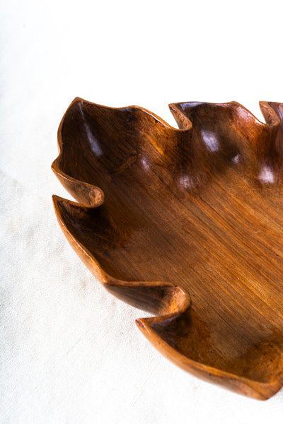 Hand-Carved Walnut Wood Leaf-Shaped Bowl