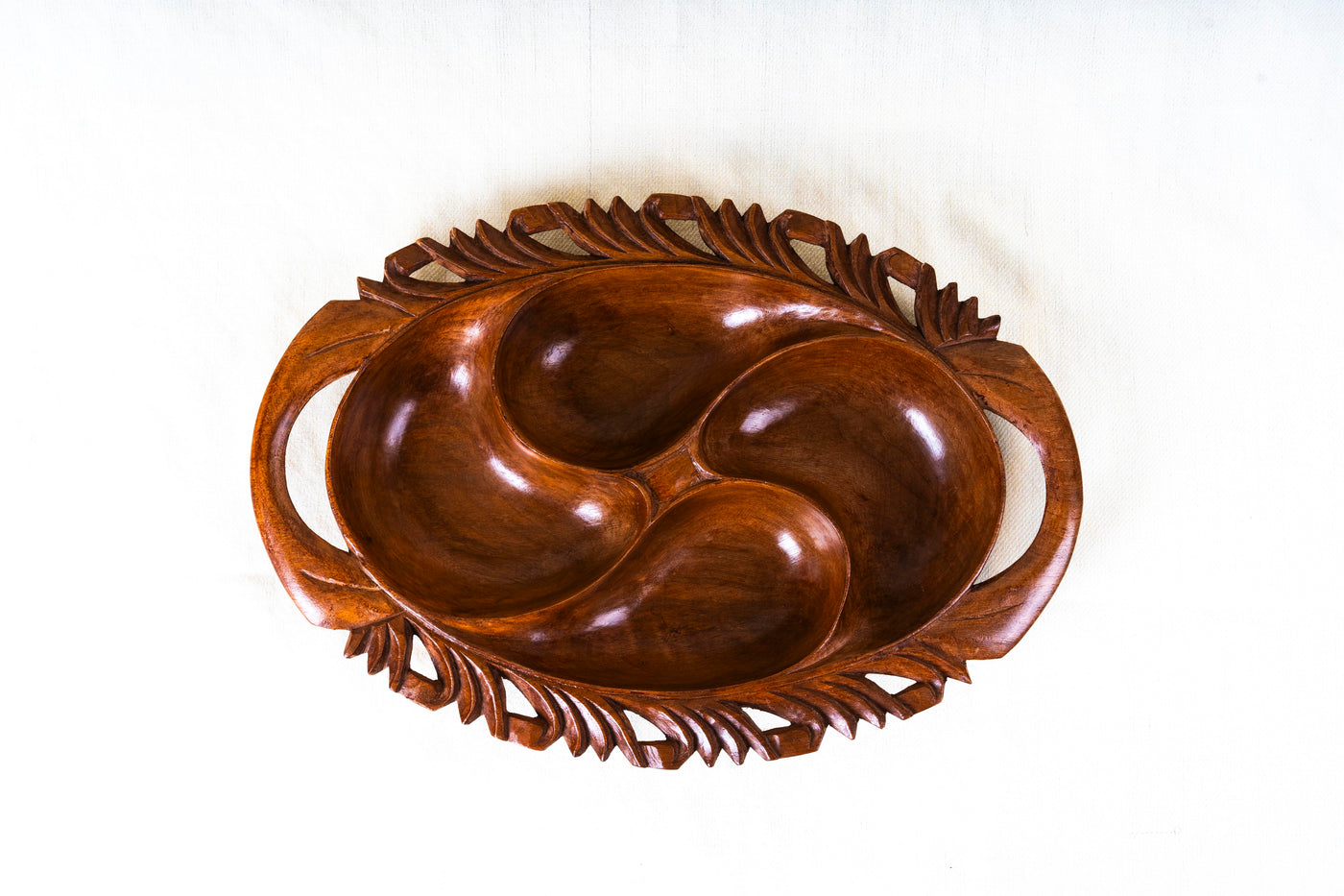 Hand-Carved Walnut Wood Dry Fruit Bowl with Triple Compartments