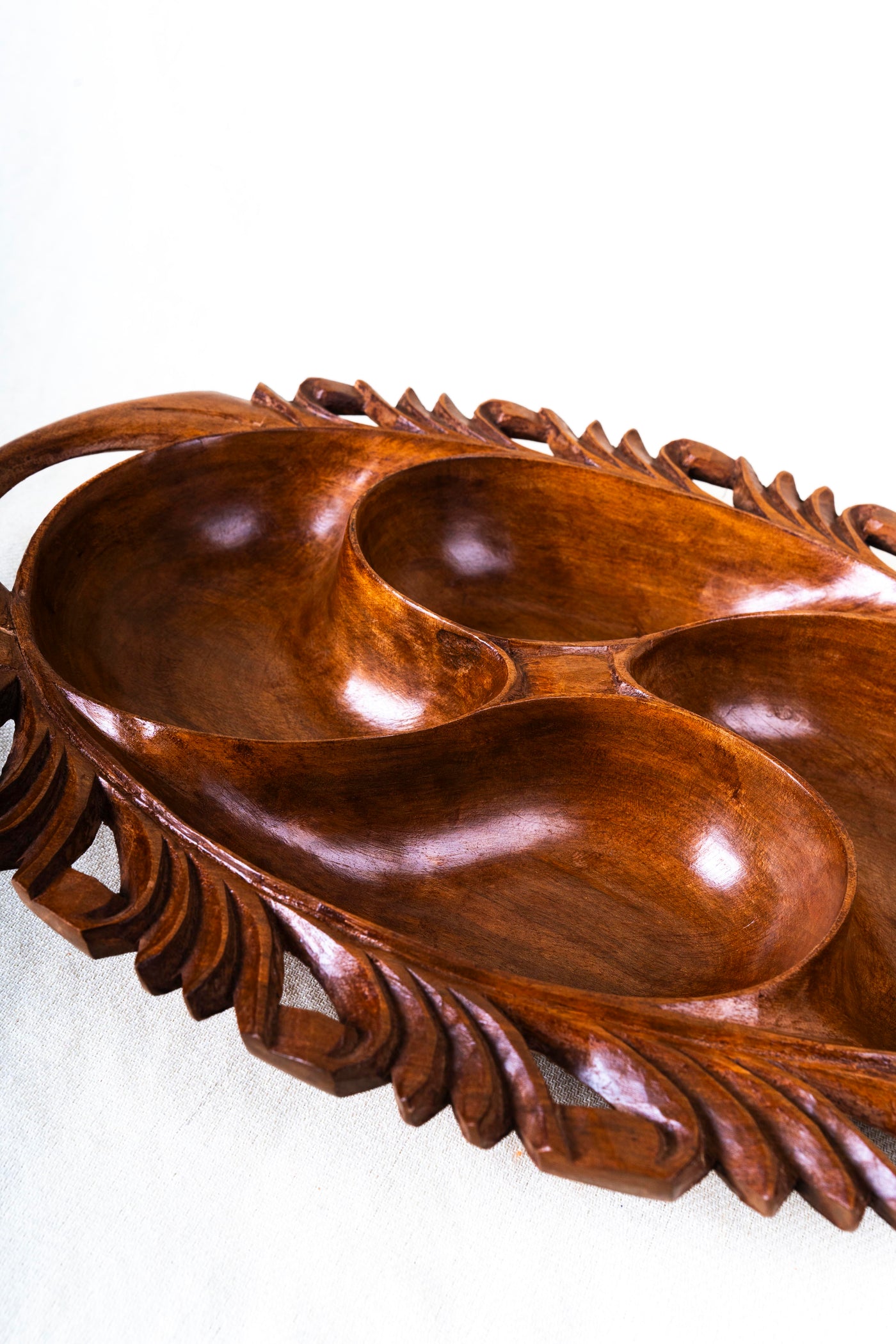 Hand-Carved Walnut Wood Dry Fruit Bowl with Triple Compartments