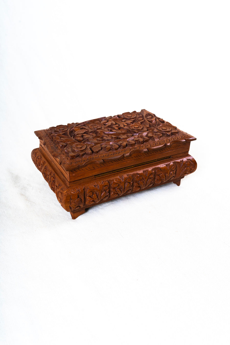 Floral Hand-Carved Wooden Jewelry Box with Hidden Lock