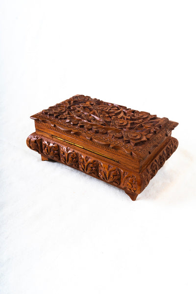 Floral Hand-Carved Wooden Jewelry Box with Hidden Lock