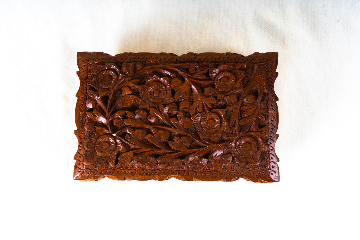 Floral Hand-Carved Wooden Jewelry Box with Hidden Lock