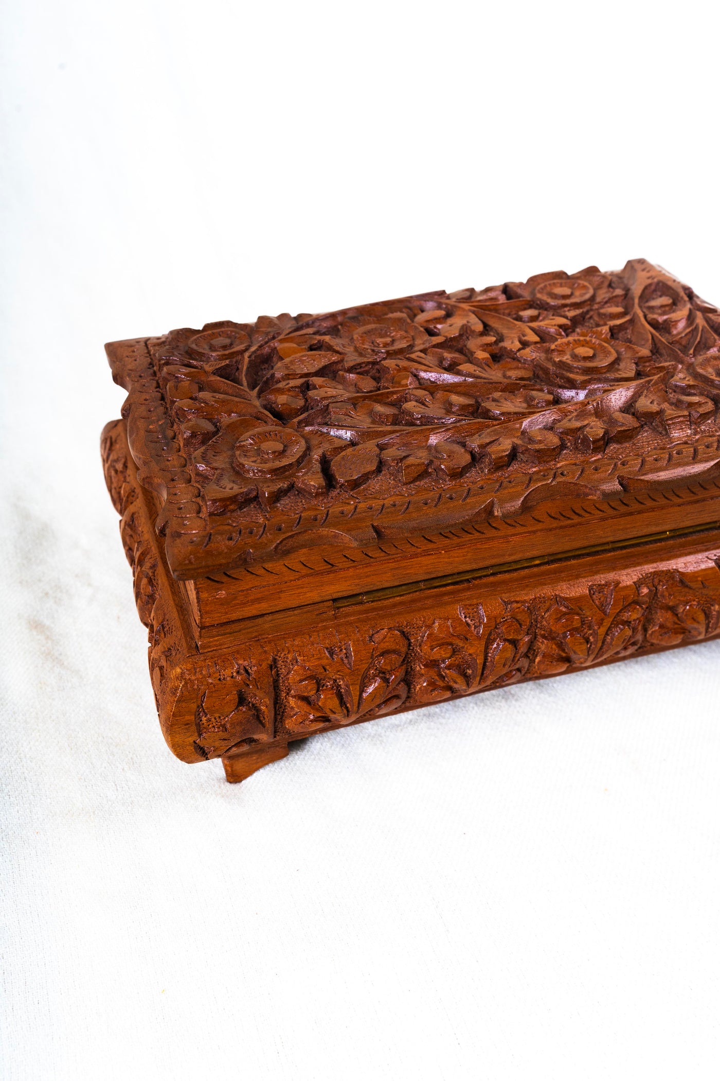 Floral Hand-Carved Wooden Jewelry Box with Hidden Lock