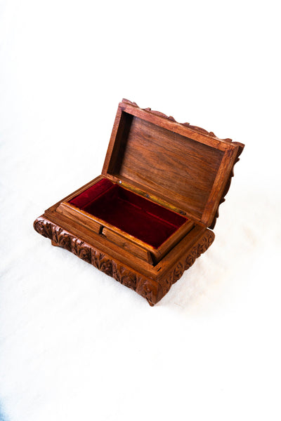 Floral Hand-Carved Wooden Jewelry Box with Hidden Lock