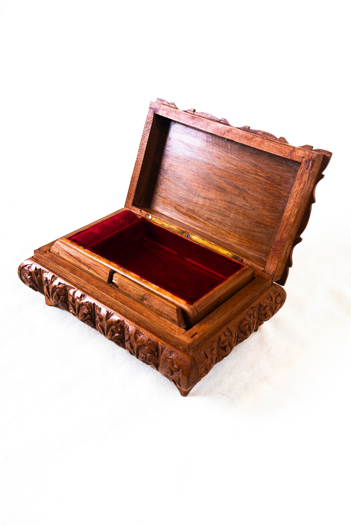 Floral Hand-Carved Wooden Jewelry Box with Hidden Lock