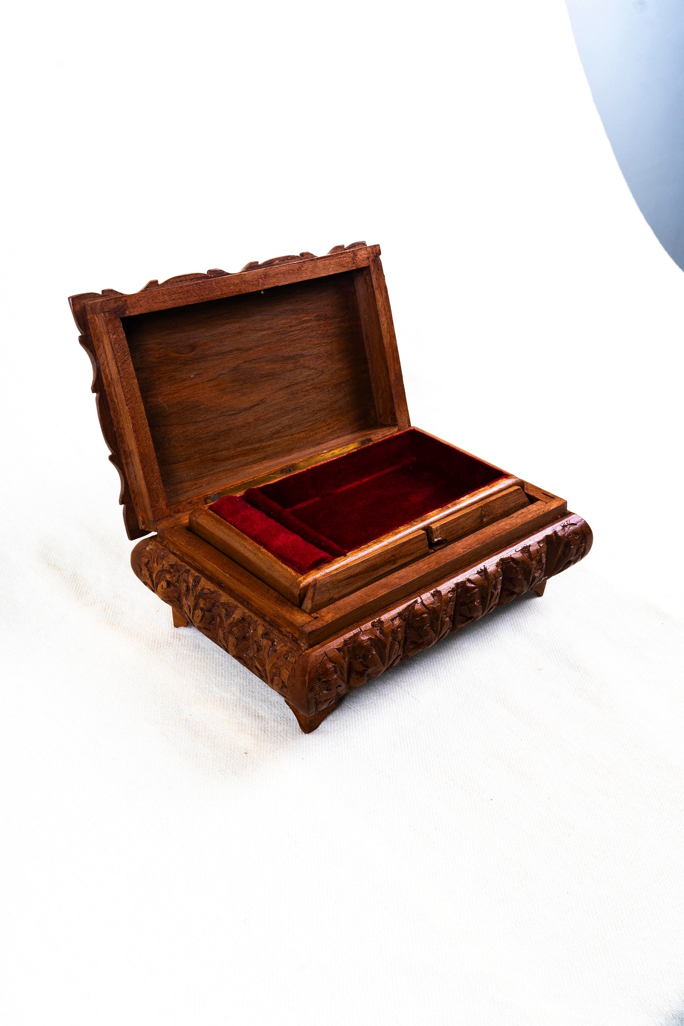 Floral Hand-Carved Wooden Jewelry Box with Hidden Lock