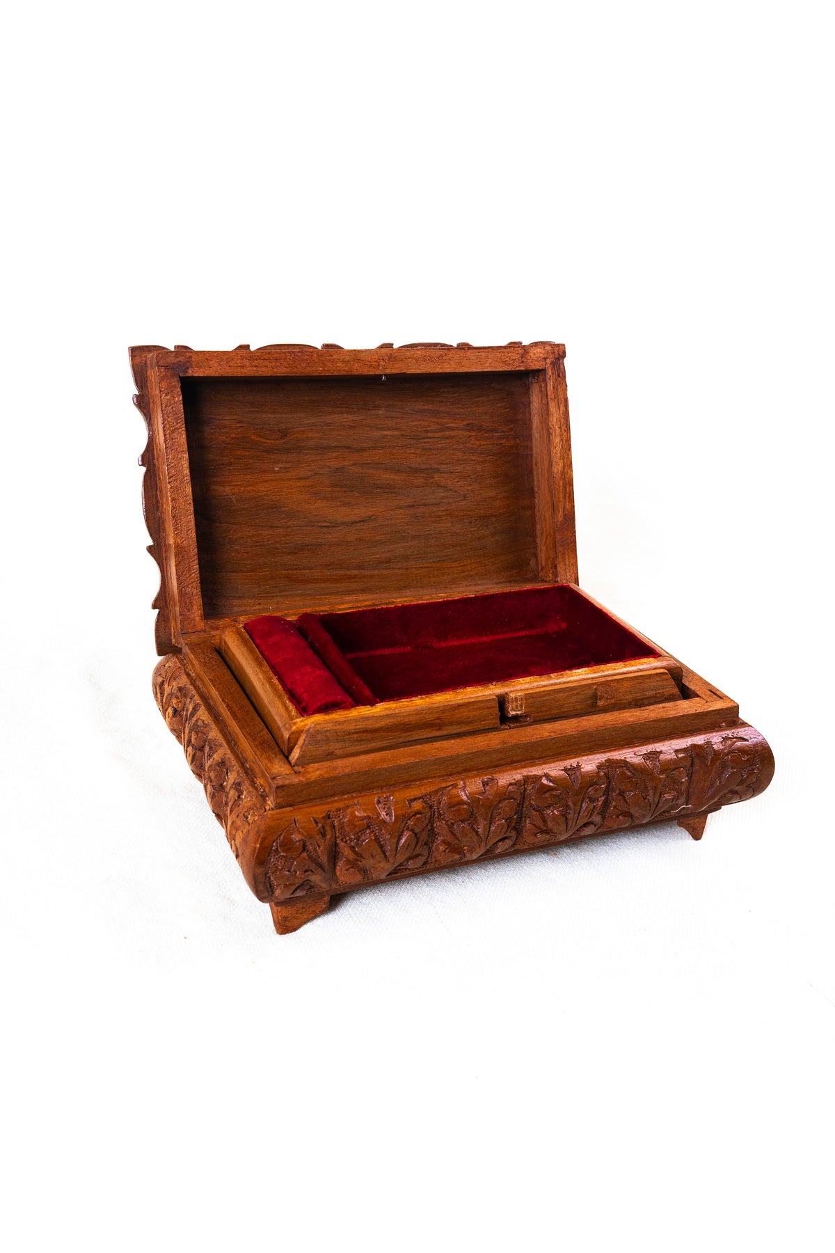 Floral Hand-Carved Wooden Jewelry Box with Hidden Lock