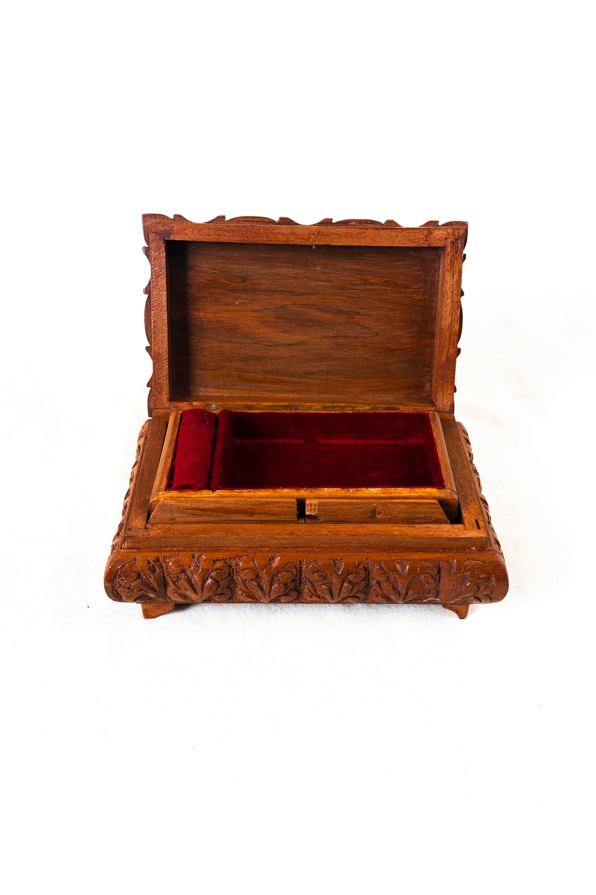 Floral Hand-Carved Wooden Jewelry Box with Hidden Lock