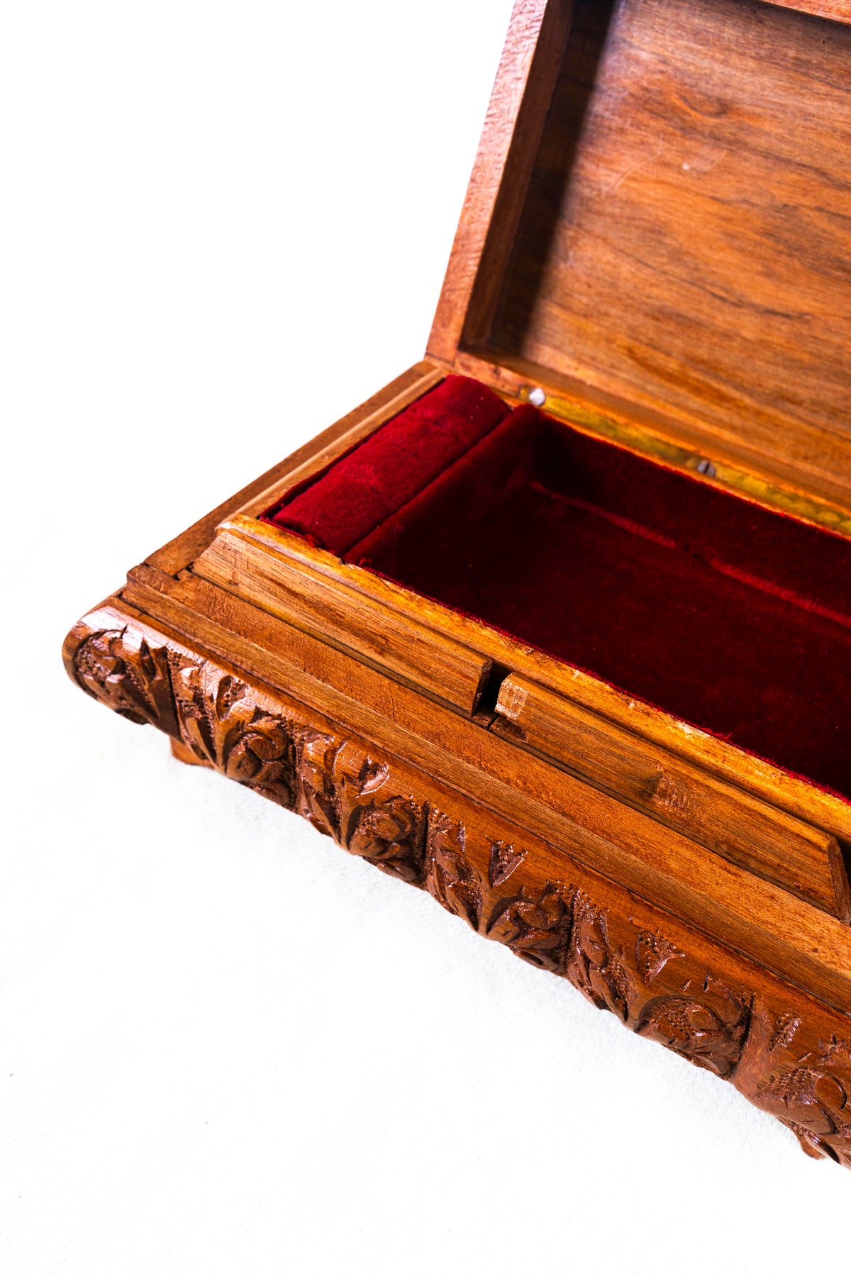 Floral Hand-Carved Wooden Jewelry Box with Hidden Lock