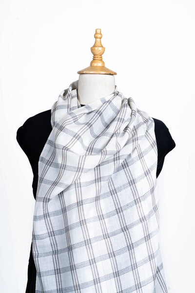 Ethereal Whites: Checked Merino Wool Scarf with Subtle Beige Accents