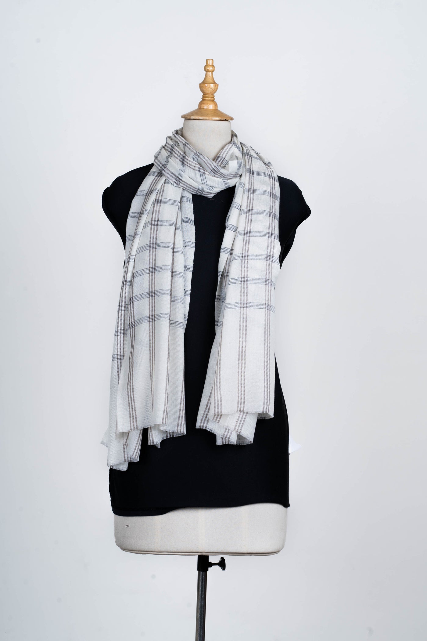 Ethereal Whites: Checked Merino Wool Scarf with Subtle Beige Accents