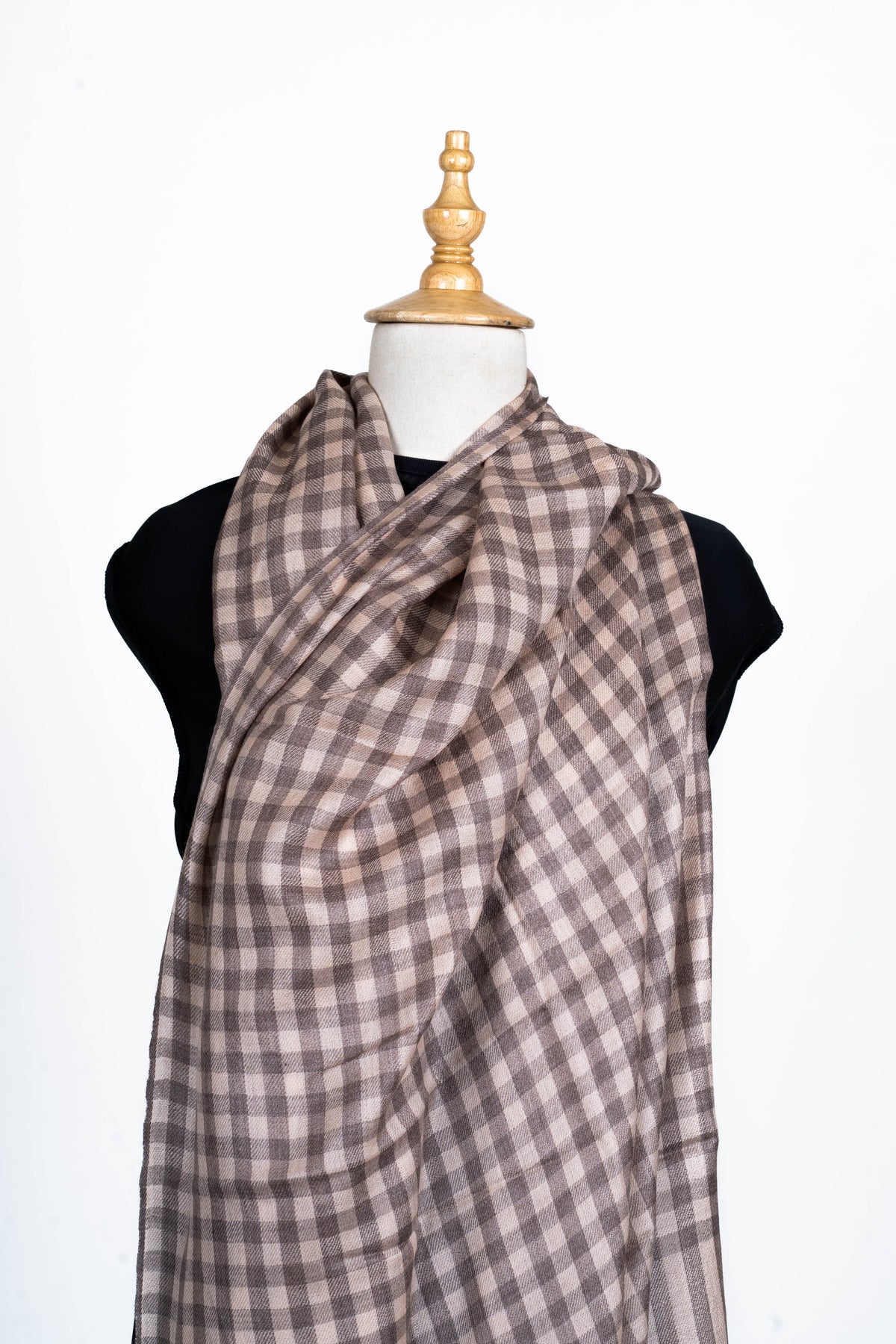 Earthy Charm: Merino Wool Checked Stole in Warm Brown Tones