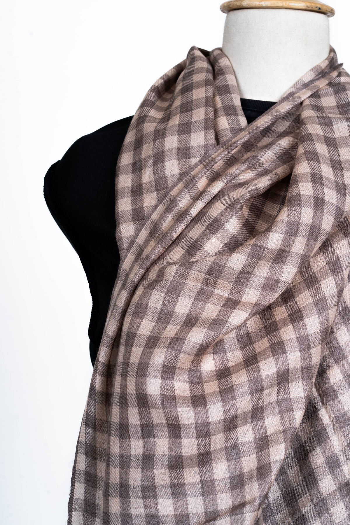 Earthy Charm: Merino Wool Checked Stole in Warm Brown Tones