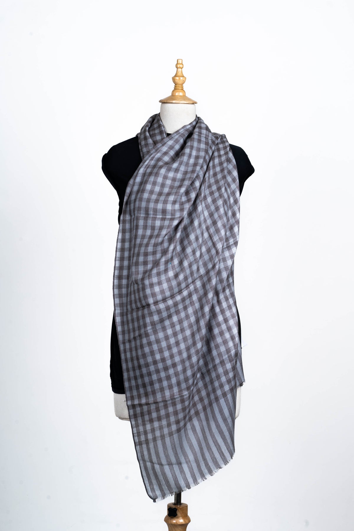 Midnight Blues: Checked Merino Wool Stole with Steel Gray Undertones