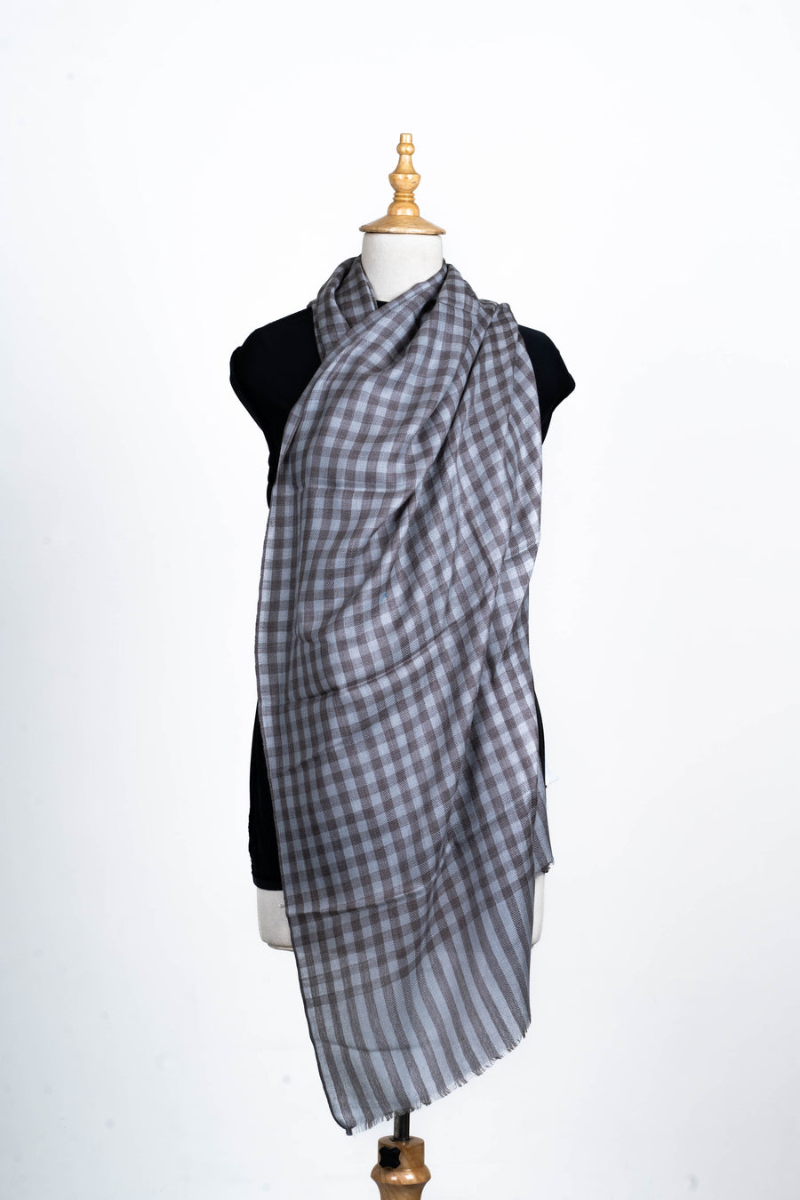 Midnight Blues: Checked Merino Wool Stole with Steel Gray Undertones