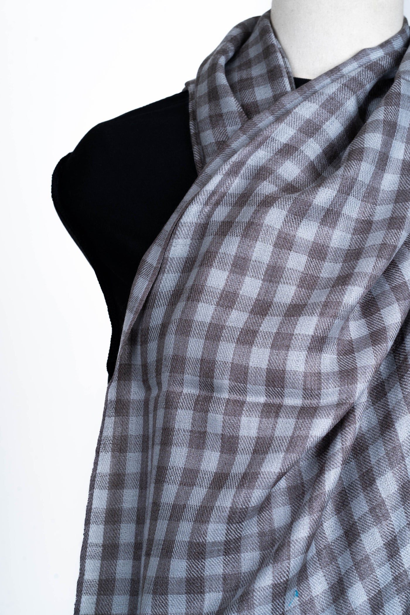 Midnight Blues: Checked Merino Wool Scarf with Steel Gray Undertones