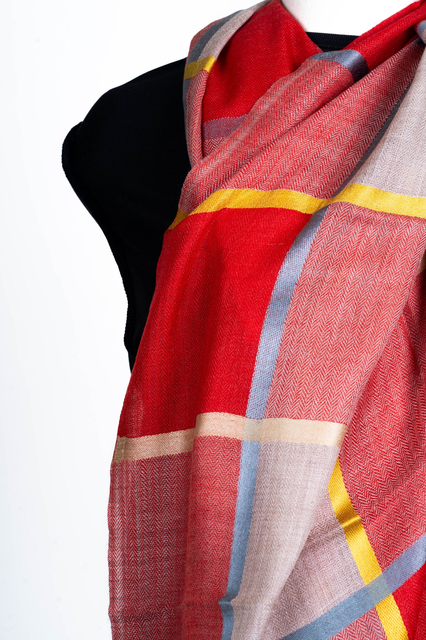 Radiant Elegance: Fine Merino Wool Checked Scarf in Scarlet and Sunshine Hues