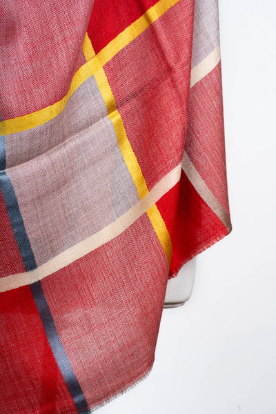 Radiant Elegance: Fine Merino Wool Checked Scarf in Scarlet and Sunshine Hues