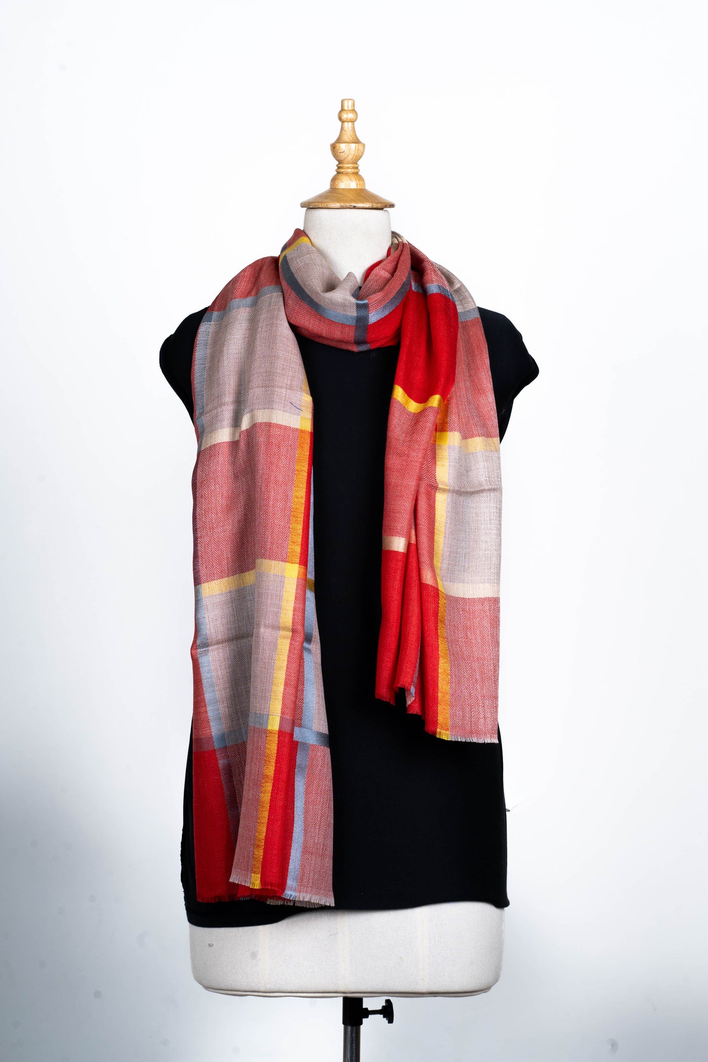 Radiant Elegance: Fine Merino Wool Checked Scarf in Scarlet and Sunshine Hues