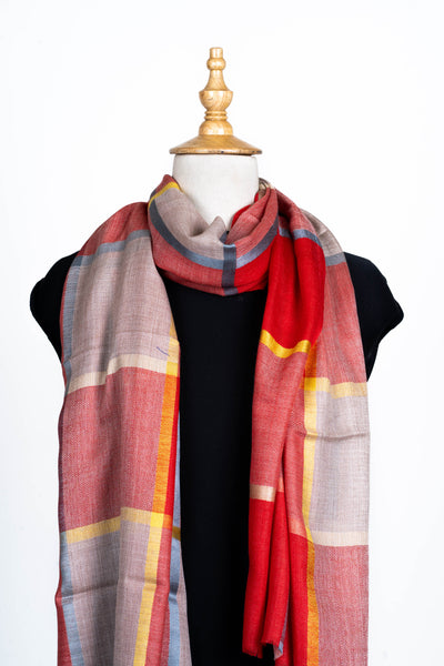 Radiant Elegance: Fine Merino Wool Checked Scarf in Scarlet and Sunshine Hues