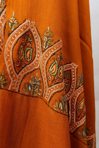 Naranji Roshan: Kashmiri Hand Embroidered Citrine Suit with Sozni and Tilla Embroidery